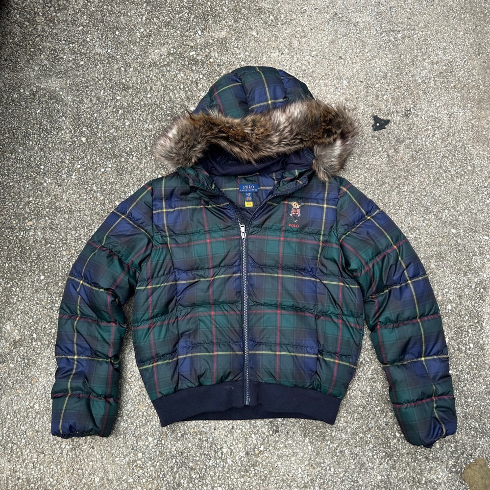 Polo Ralph Lauren Kids XL 16 Black Watch Plaid Polo Bear Down Puffer Jacket